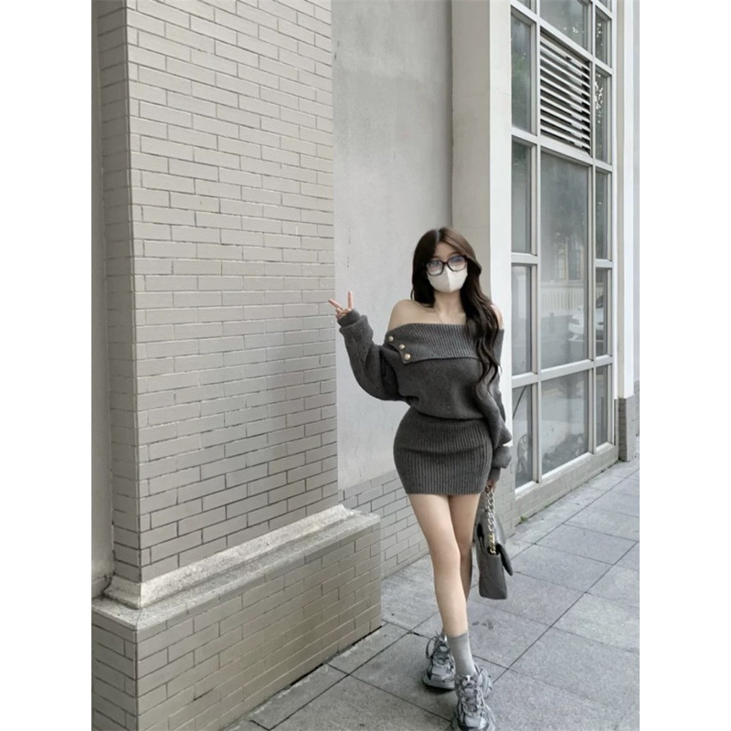 Váy len trễ vai liền ảnh thật