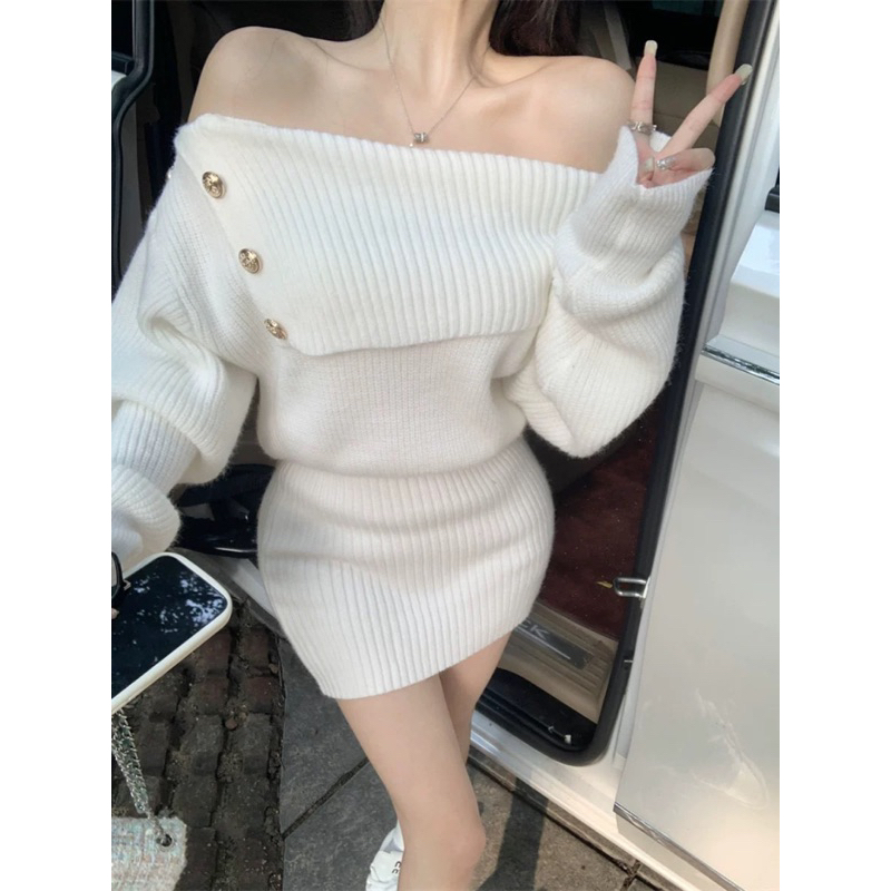 Váy len trễ vai liền ảnh thật