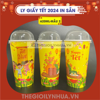 Ly giấy 22oz in sẵn mẫu Tết 2024, cốc giấy trà sữa 620ml mẫu Tết, ly giấy có 2 PE đựng được nóng và lạnh mẫu 2