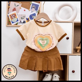 Set váy bé gái trái tim cầu vồng (10-26kg), áo cotton chính phẩm 4 chiều, chân váy xếp ly rời vải kaki mềm có chip