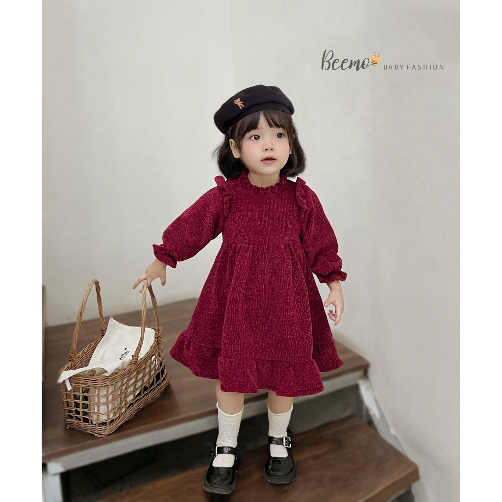 Váy babydoll phối tay phối tay bồng cho bé gái Beemo,Chất liệu len nhung mềm,dày dặn,co giãn bé thoải mái vận động B426