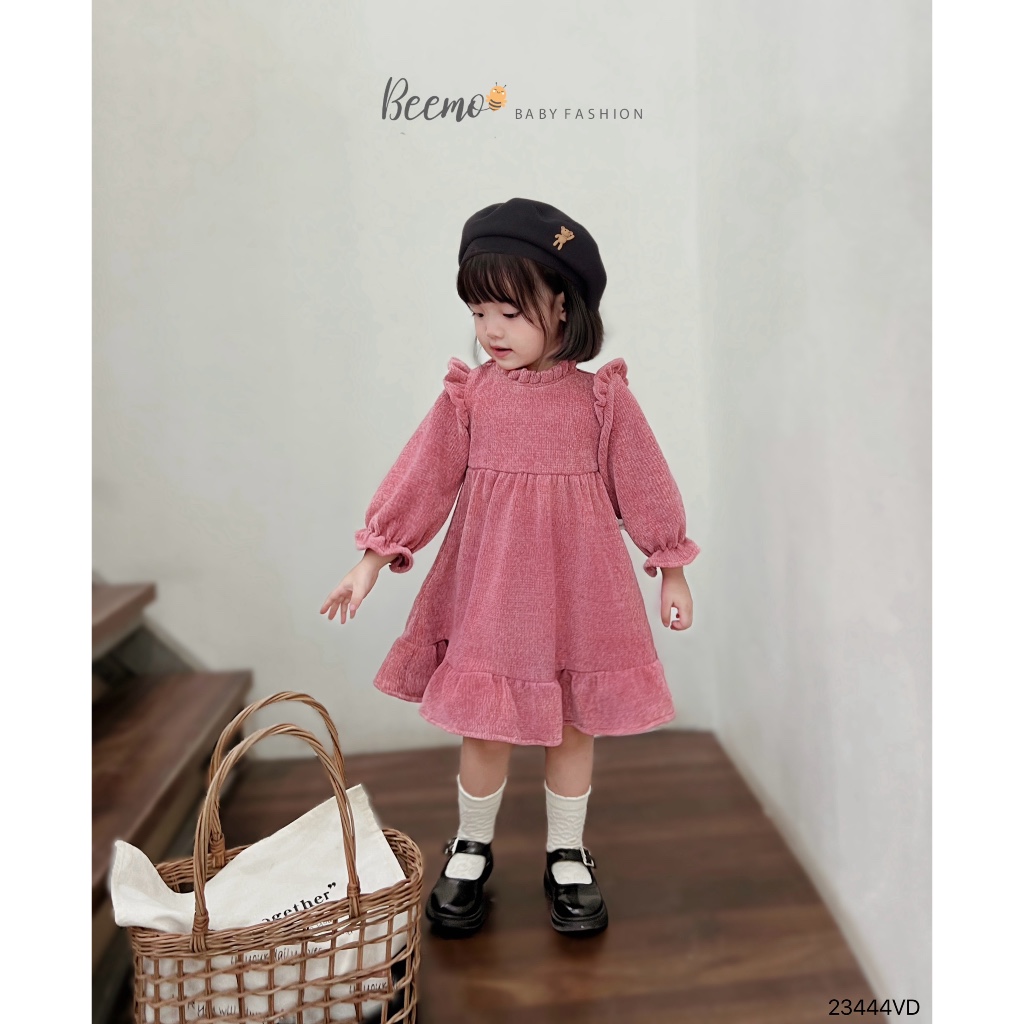 Váy babydoll phối tay phối tay bồng cho bé gái Beemo,Chất liệu len nhung mềm,dày dặn,co giãn bé thoải mái vận động B426