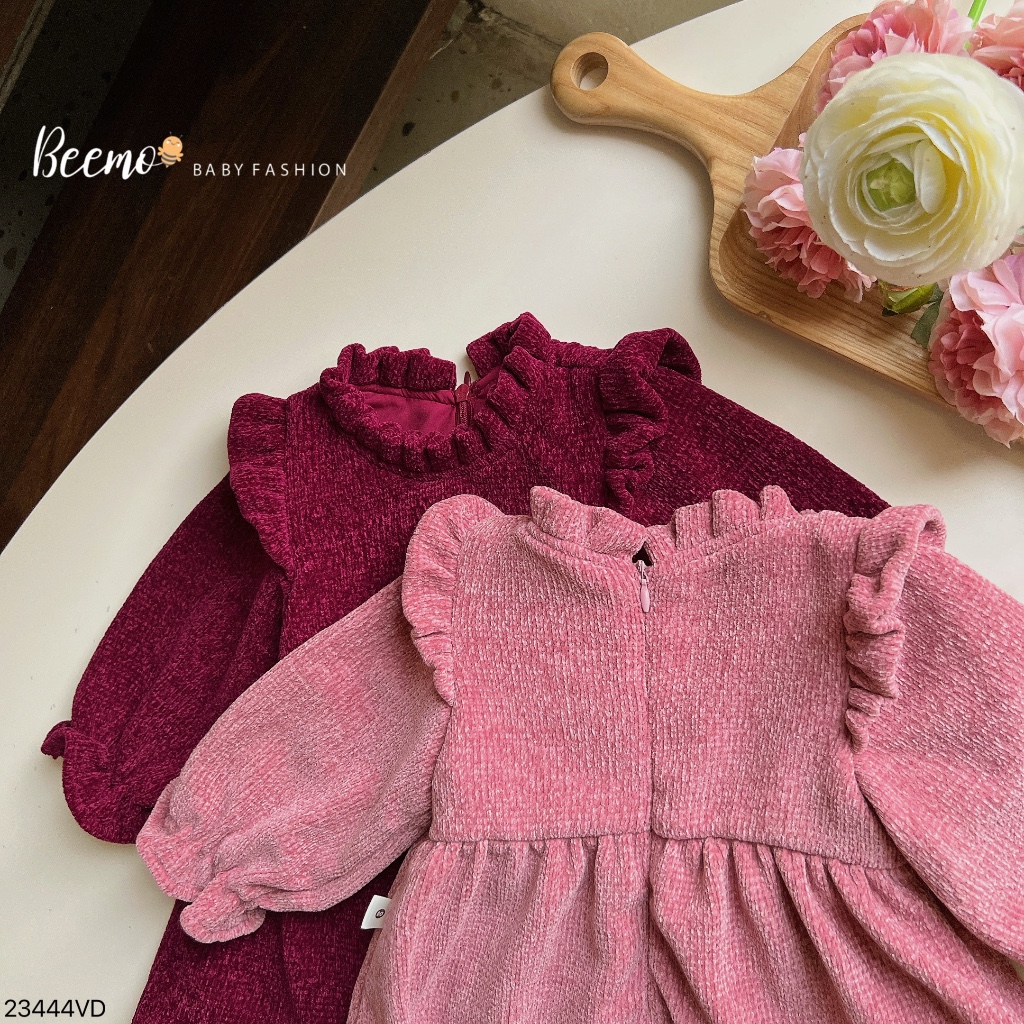 Váy babydoll phối tay phối tay bồng cho bé gái Beemo,Chất liệu len nhung mềm,dày dặn,co giãn bé thoải mái vận động B426