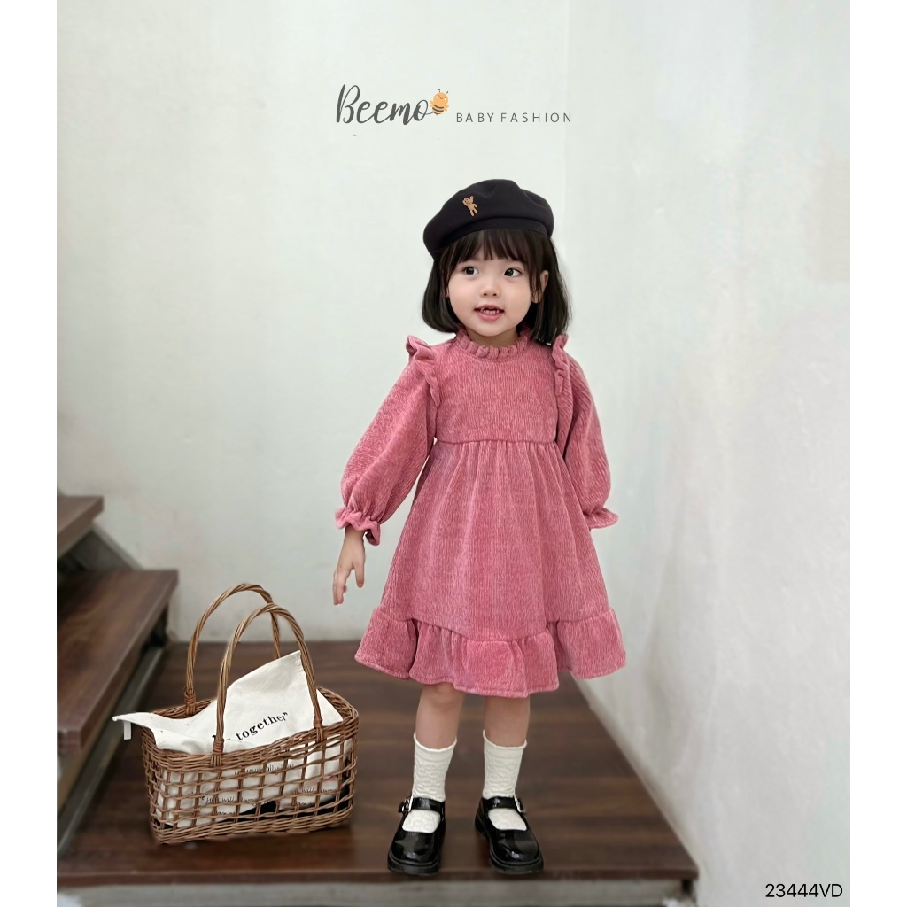 Váy babydoll phối tay phối tay bồng cho bé gái Beemo,Chất liệu len nhung mềm,dày dặn,co giãn bé thoải mái vận động B426