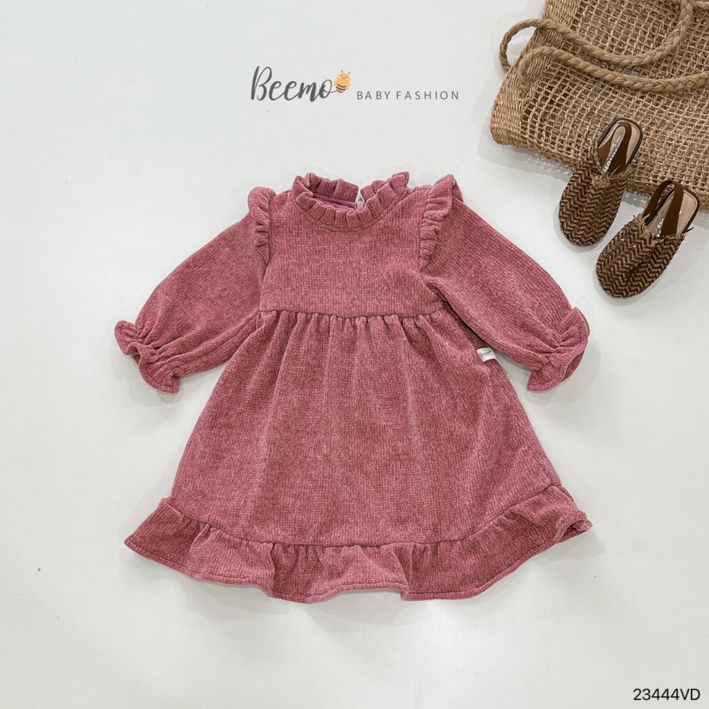 Váy babydoll phối tay phối tay bồng cho bé gái Beemo,Chất liệu len nhung mềm,dày dặn,co giãn bé thoải mái vận động B426