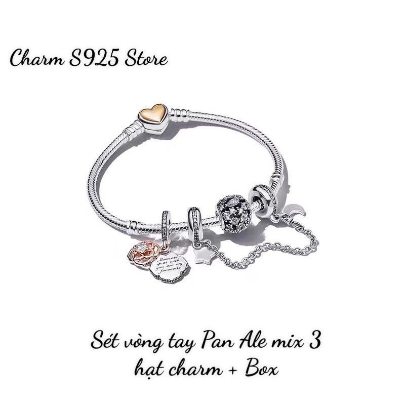 COMBO BỘ VÒNG TAY PAN ALE MIX 3 HẠT CHARM HOA HỒNG BẠC S925 THUẦN KHIẾT HÀNG CAO CẤP