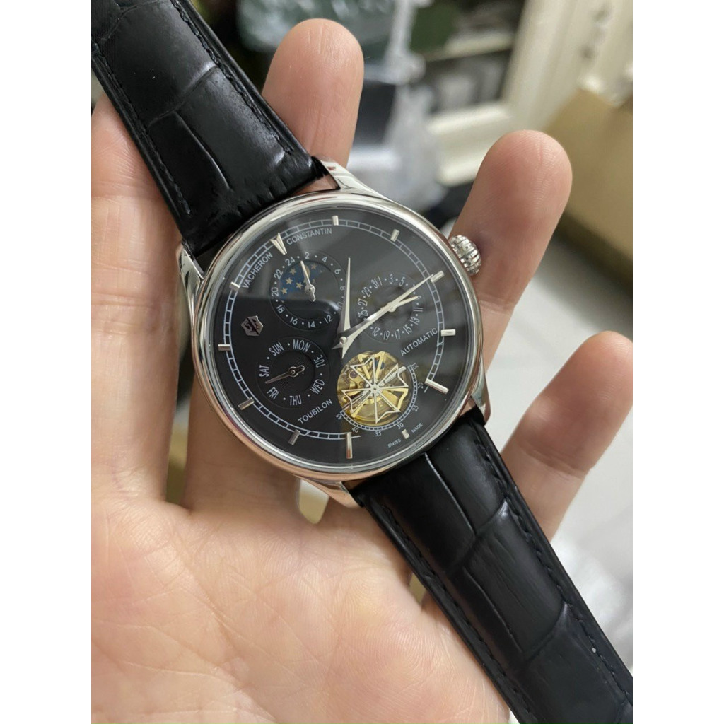 Đồng hồ Nam VC cơ tự động 6kim máy Nhật  size 40-41 mặt đen vỏ trắng có lịch thứ ngày