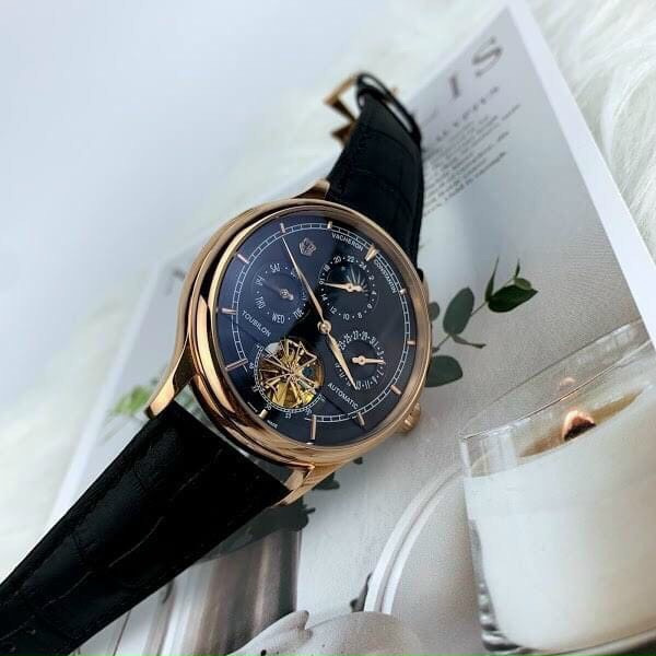Đồng hồ Nam VC cơ tự động 6kim máy Nhật  size 40-41 mặt đen vỏ trắng có lịch thứ ngày