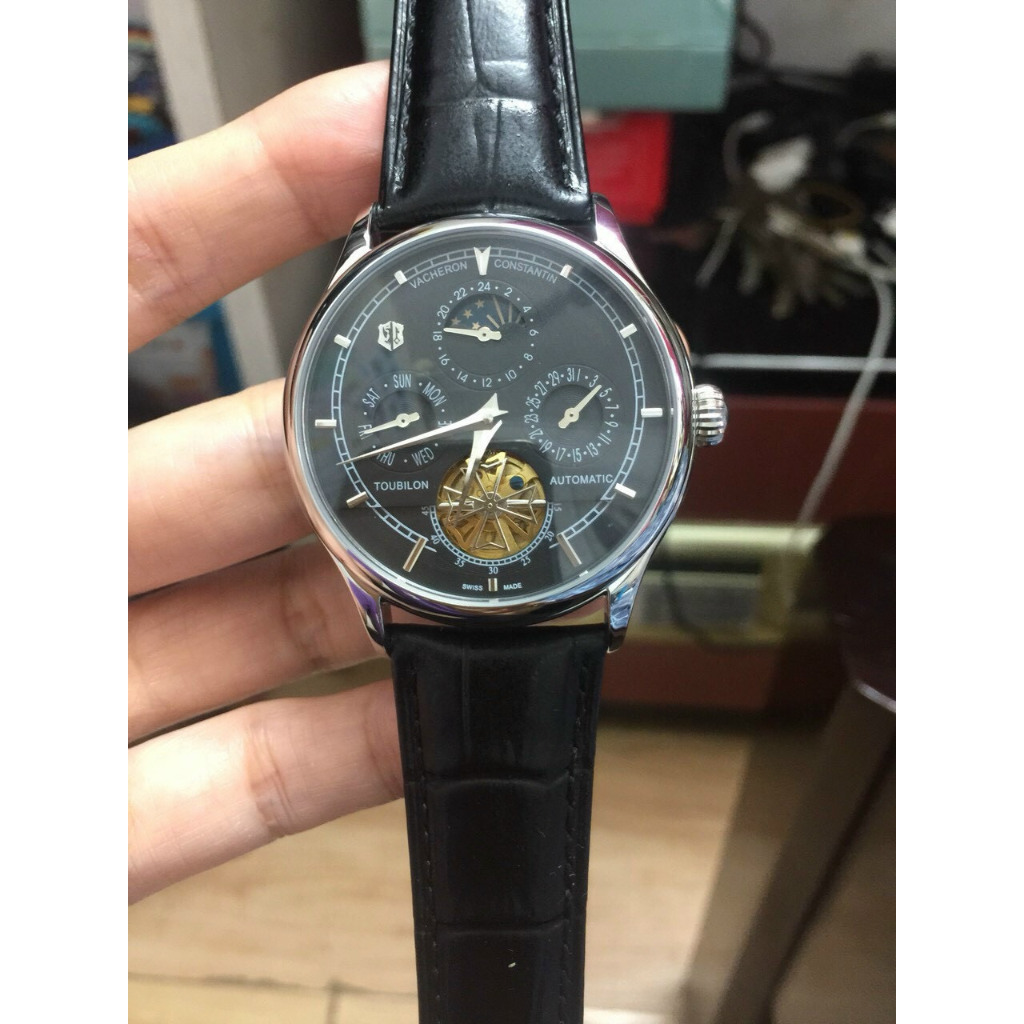 Đồng hồ Nam VC cơ tự động 6kim máy Nhật  size 40-41 mặt đen vỏ trắng có lịch thứ ngày