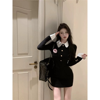 Đầm mini body đen ngắn tay dài cổ sơ mi lật cổ tay trắng