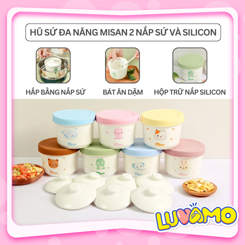 Bát ăn dặm cho bé chia vạch 250ml kèm 2 nắp đậy sứ và silicon chịu nhiệt, hũ sứ ăn dặm Hàn Quốc MISAN Luvamo