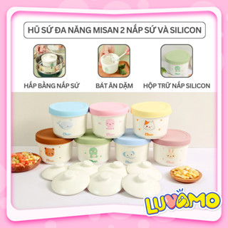 Bát ăn dặm cho bé chia vạch 250ml kèm 2 nắp đậy sứ và silicon chịu nhiệt, hũ sứ ăn dặm Hàn Quốc MISAN Luvamo