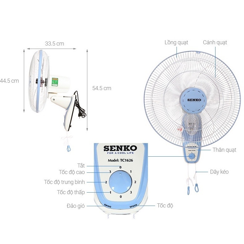 Quạt treo 2 dây Senko TC1626, TC1688 công suất 47w hàng chính hãng - Bảo Hành 12 tháng.