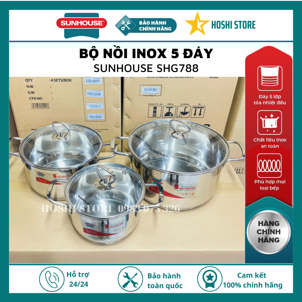 Bộ nồi inox 5 đáy cao cấp Sunhouse SHG788 đa dạng kích thước 16-20-24cm, dùng được cho bếp từ, phù hợp với mọi loại bếp