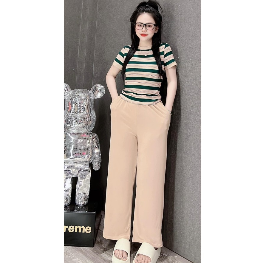 Set Bộ Gân Tăm Lạnh Quần Suông Có Túi Mẫu Hot Áo Sọc Y Hình - Đồ Bộ Nữ Mặc Nhà Đi Chơi Dạo