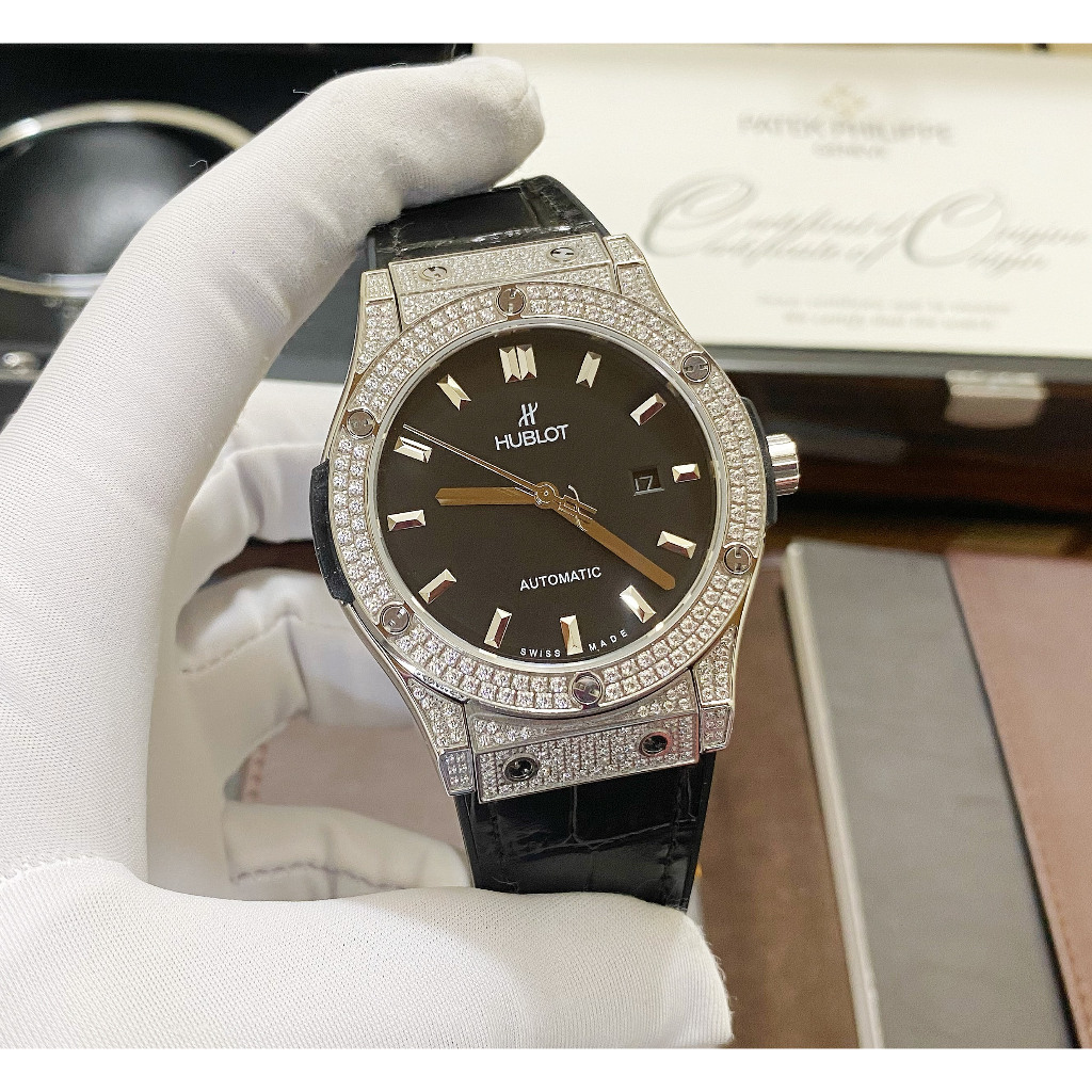 Đồng hồ  Nam Hb vỏ kín đá vành đá mặt đen, xám máy cơ Nhật 38mm, 42mm dây cao su, dây da đen vỏ trắng