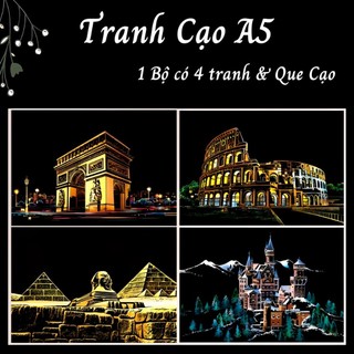 Tranh cạo than tre hàn quốc khổ a5 cho trẻ em, bộ gồm 4 tranh