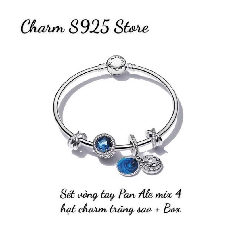 combo bộ vòng tay pan Ale mix 4 hạt charm xanh bạc s925