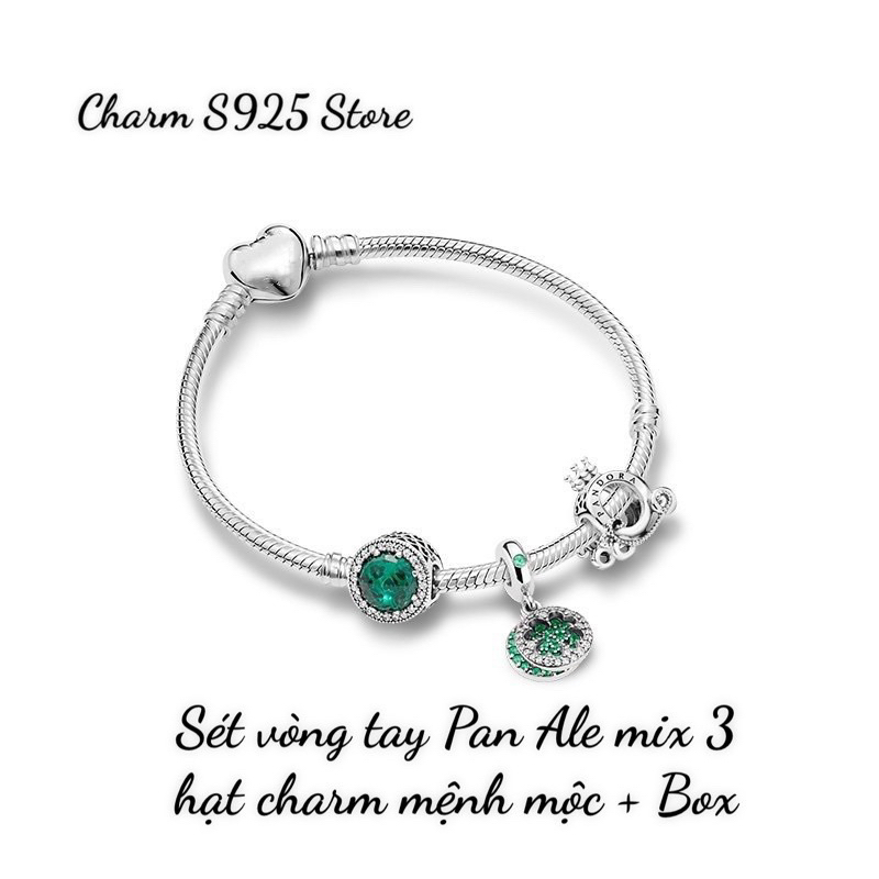 COMBO BỘ VÒNG TAY PAN ALE MIX 3 HẠT CHARM CỎ BỐN LÁ BẠC S925 THUẦN KHIẾT HÀNG CAO CẤP