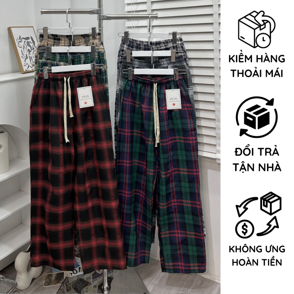 Quần Kẻ Nữ Ống Rộng Cạp Chun Caro Lưng Cao Dáng Rộng Ống Suông Ulzzang Full Màu Phương Ly Store