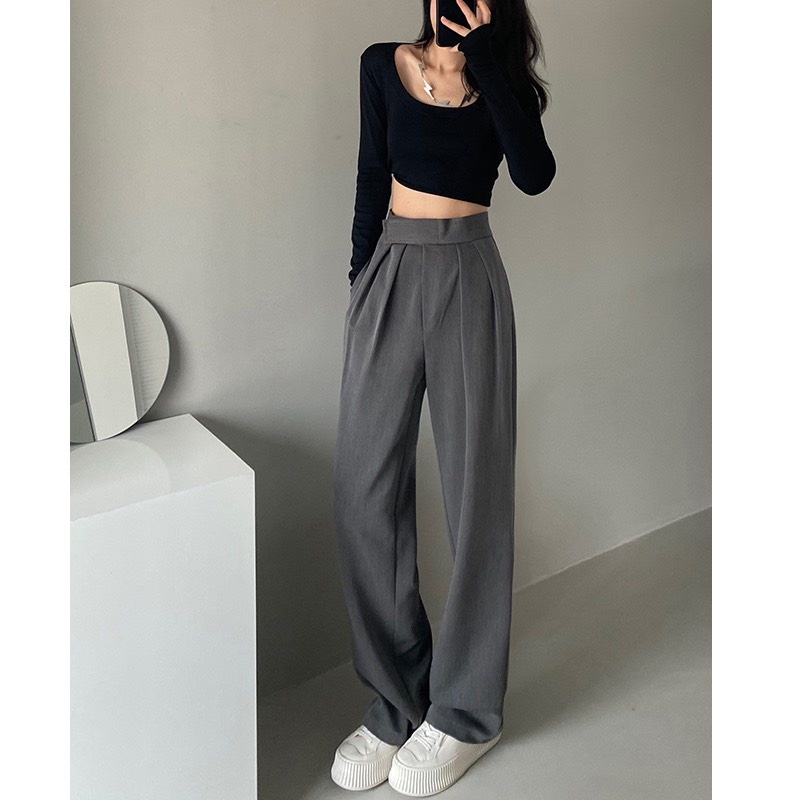 Quần tây ullzang ống rộng lưng cao gài băng dính - Phương Ly Store