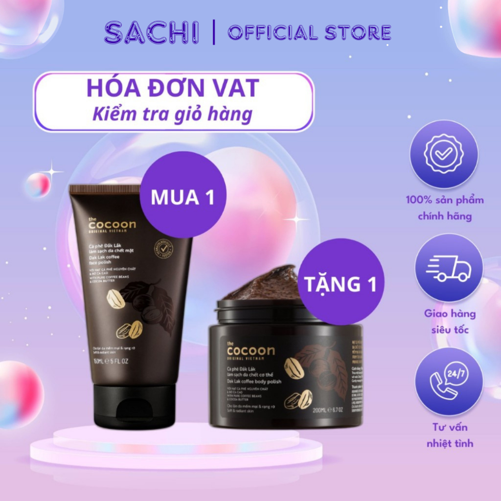 Bộ cà phê Đắk Lắk làm sạch da chết cocoon: da mặt 150ml + cơ thể 200ml