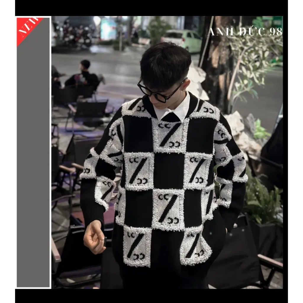 Áo Sweater Len Cổ Tròn Kẻ Caro Hàng QC Cao Cấp - Áo Len Thêu Chữ CC Nam Nữ Lông Xù Phong Cách Hàn Quốc