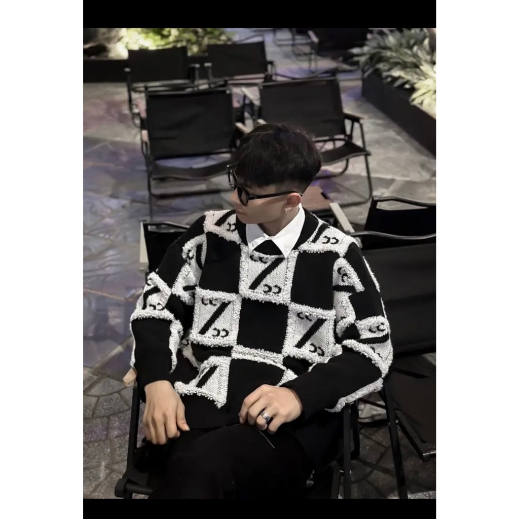 Áo Sweater Len Cổ Tròn Kẻ Caro Hàng QC Cao Cấp - Áo Len Thêu Chữ CC Nam Nữ Lông Xù Phong Cách Hàn Quốc