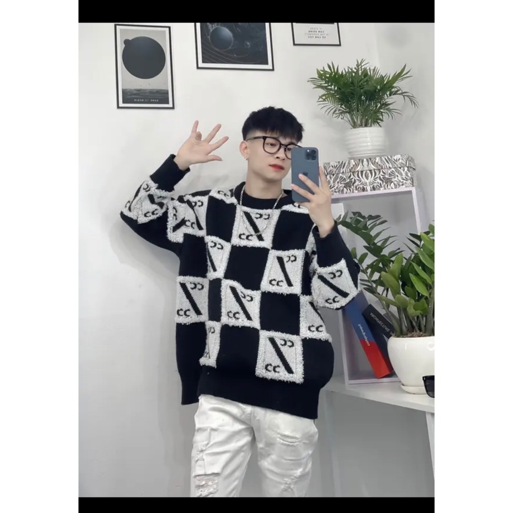 Áo Sweater Len Cổ Tròn Kẻ Caro Hàng QC Cao Cấp - Áo Len Thêu Chữ CC Nam Nữ Lông Xù Phong Cách Hàn Quốc