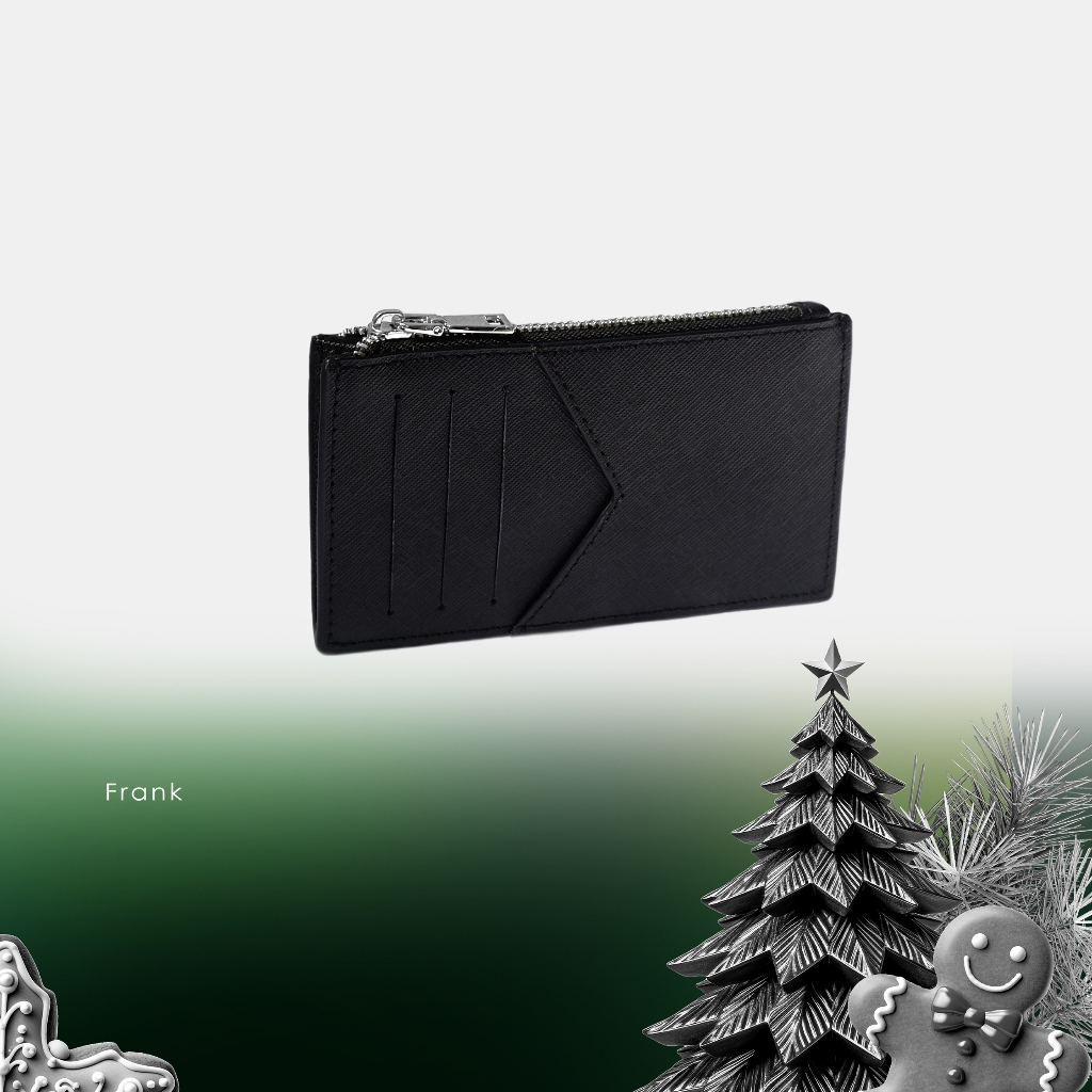 Ví Đựng Tiền Và Thẻ Da Bò Vân Xước FRANK Francis Zipper Card Holder Nhiều Ngăn Có Khóa Cho Nam Màu Đen