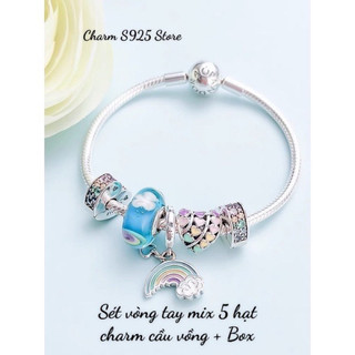 Combo bộ vòng tay pan ale mix 5 hạt charm cầu vồng bạc s925 thuần khiết hàng cao cấp