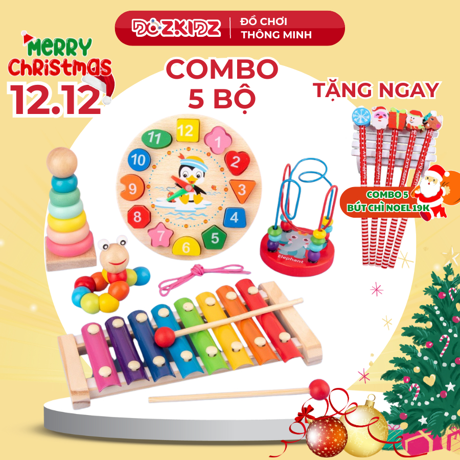 Đồ chơi gỗ, combo 5 món phát triển trí tuê toàn diện cho bé trai bé gái từ 0-2 tuổi - DOZKIDZ