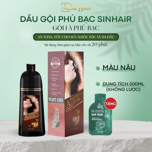 Dầu gội phủ bạc Sin Hair màu nâu, phủ bạc tóc tại nhà, giữ màu 45 ngày. Giá rẻ, an toàn không độc hại thể tích 500ml