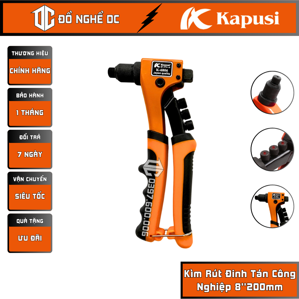 Kìm Rút Đinh Tán Công Nghiệp, Kìm Rút Rive Có Trợ Lực 4 Lỗ Cam Đen 8''200mm K-6806 Kapusi Nhật Bản, Thép cao cấp