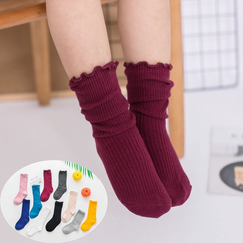 Tất Cotton Dài Màu Trơn Thoáng Khí Cho Bé Nhún bèo bé gái