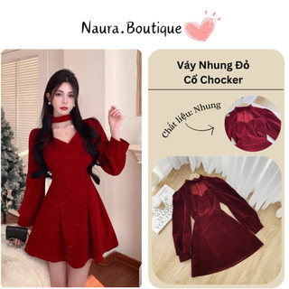 VÁY NHUNG ĐỎ TRƠN CỔ CHOKER XOÈ MÀU ĐỎ - ĐEN ĐẦM ĐỎ MẶC NOEL, TẾT