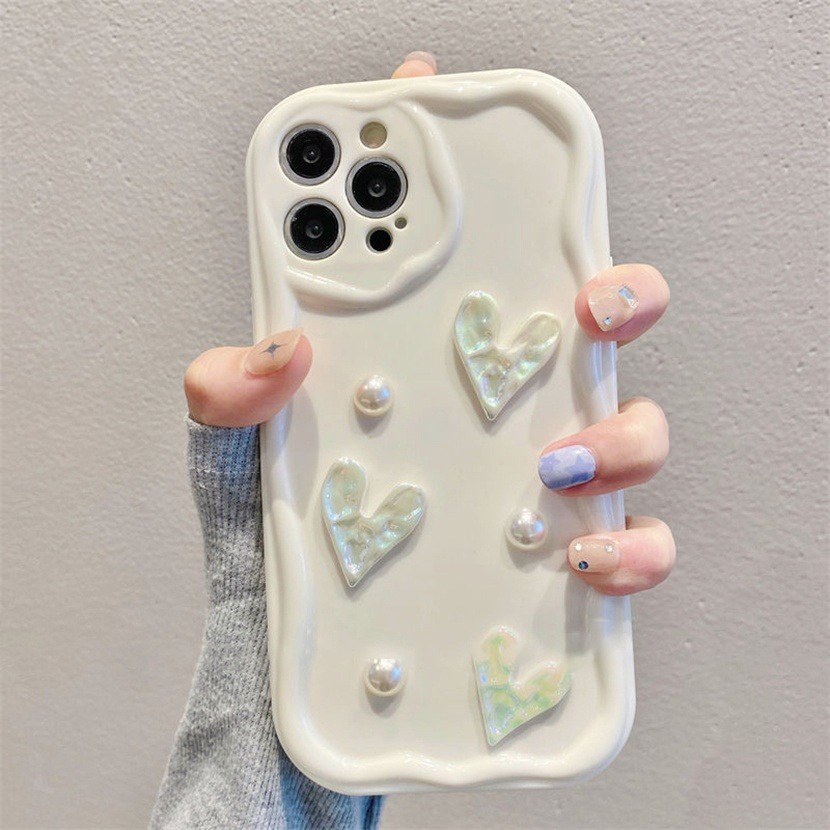 Ốp điện thoại iphone mềm chống sốc viền nổi sóng gắn trái tim ngọc 3d sang chảnh iPhone 15 14 XR 13 11 12 Pro Max xx009