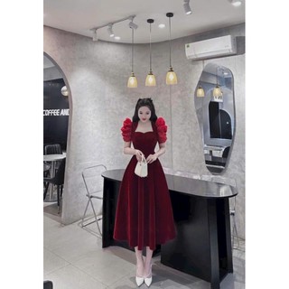 Đầm baby công chúa mặc đi chơi Tết chất nhung cứng cao cấp tay phồng cổ vuông mix váy xoè maxi 2 màu * Đen - Đỏ *.