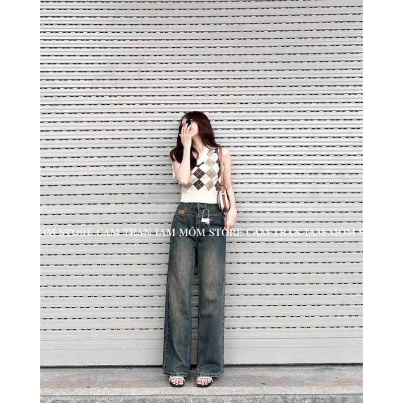 Quần suông jeans denim thêu mác da hot trend#5901