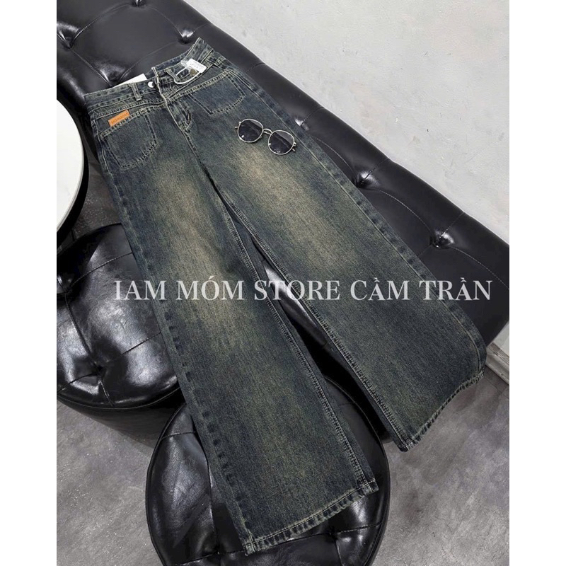 Quần suông jeans denim thêu mác da hot trend#5901