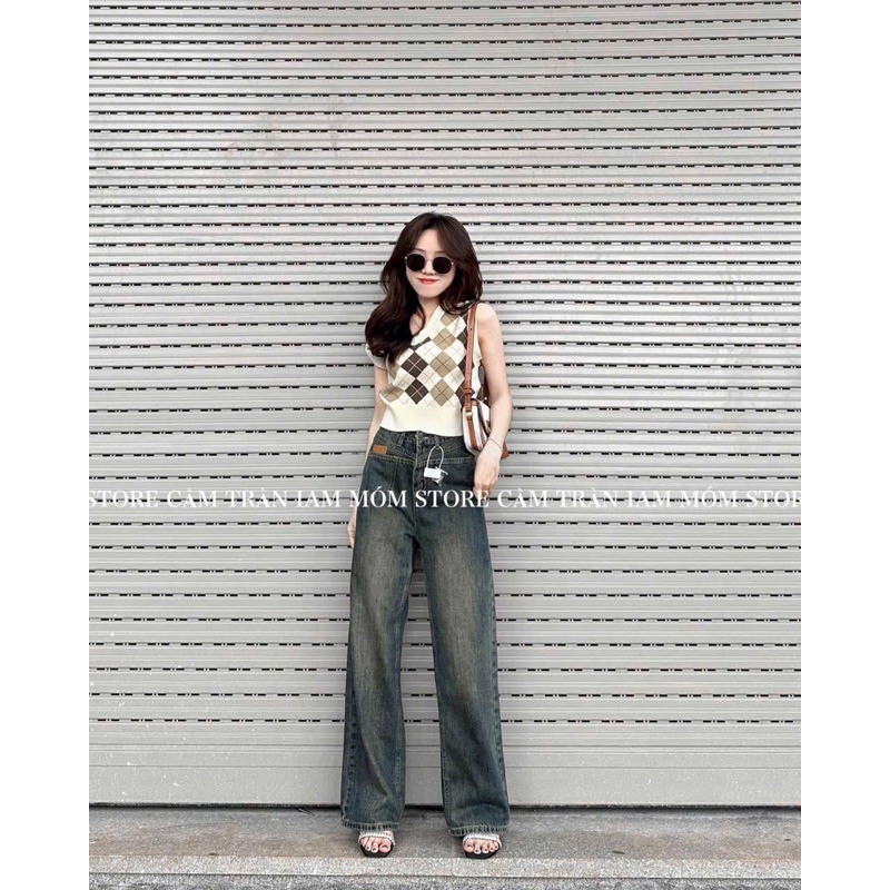 Quần suông jeans denim thêu mác da hot trend#5901