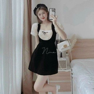 Đầm thời trang nữ xinh xắn mặc đi chơi Tết chất liệu nhung phối voan ngực đính nơ tay búp ngắn dễ thương.2 màu *Đỏ-Đen*