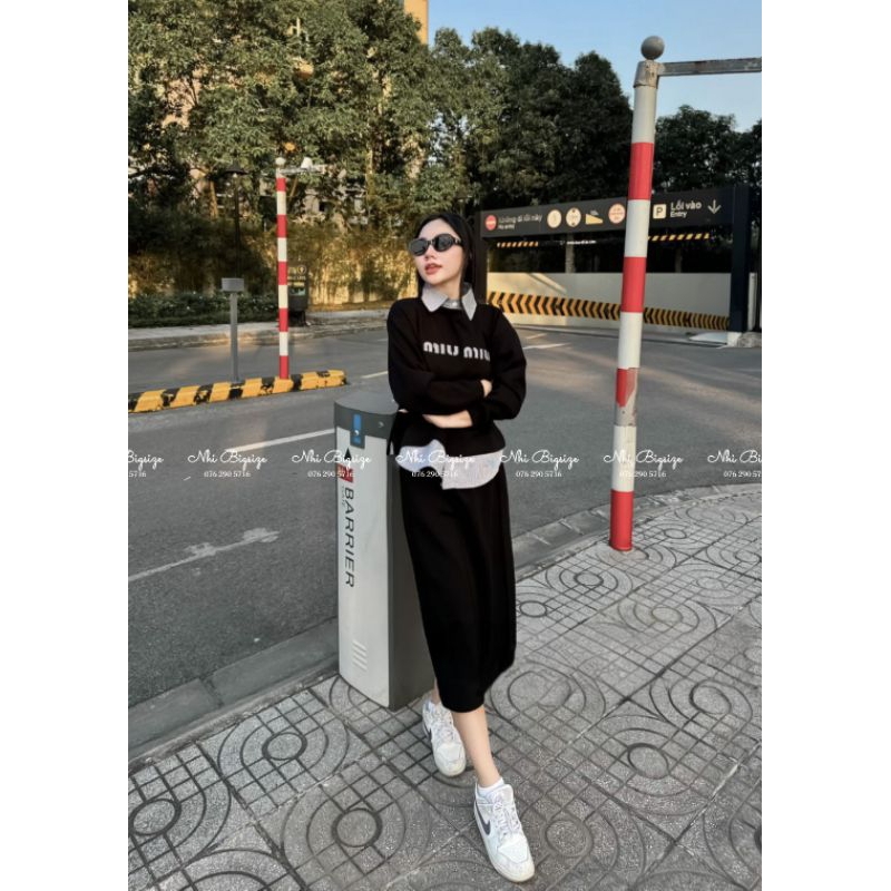 Bigsize 60-90kg Set váy umi Nhi Bigsize Set áo tay dài cổ sơ mi phối sọc + chân váy A dài cho nữ