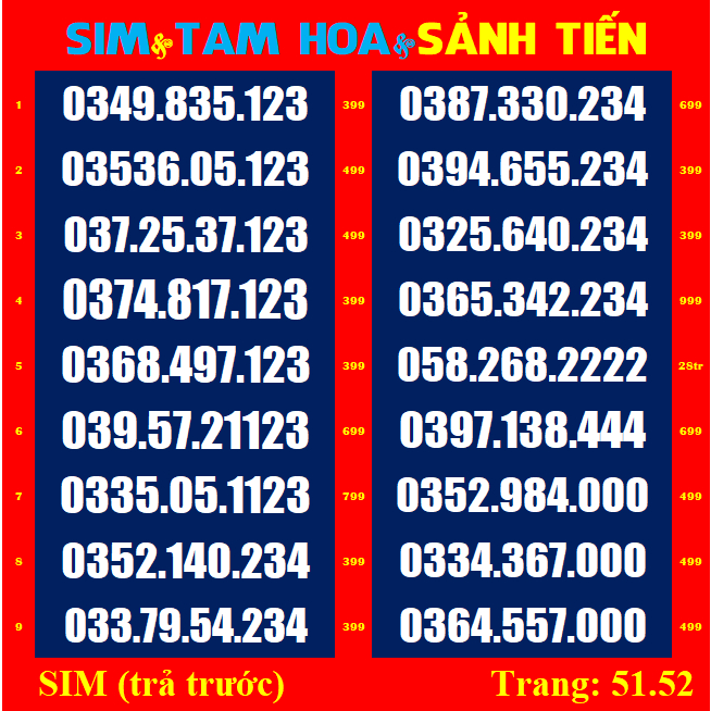 Sim Viettel Tam hoa, Sảnh tiến List 28,51.52 Sim mới 100%, chưa đăng kí, Sim viettel phủ sóng toàn quốc | vietsky