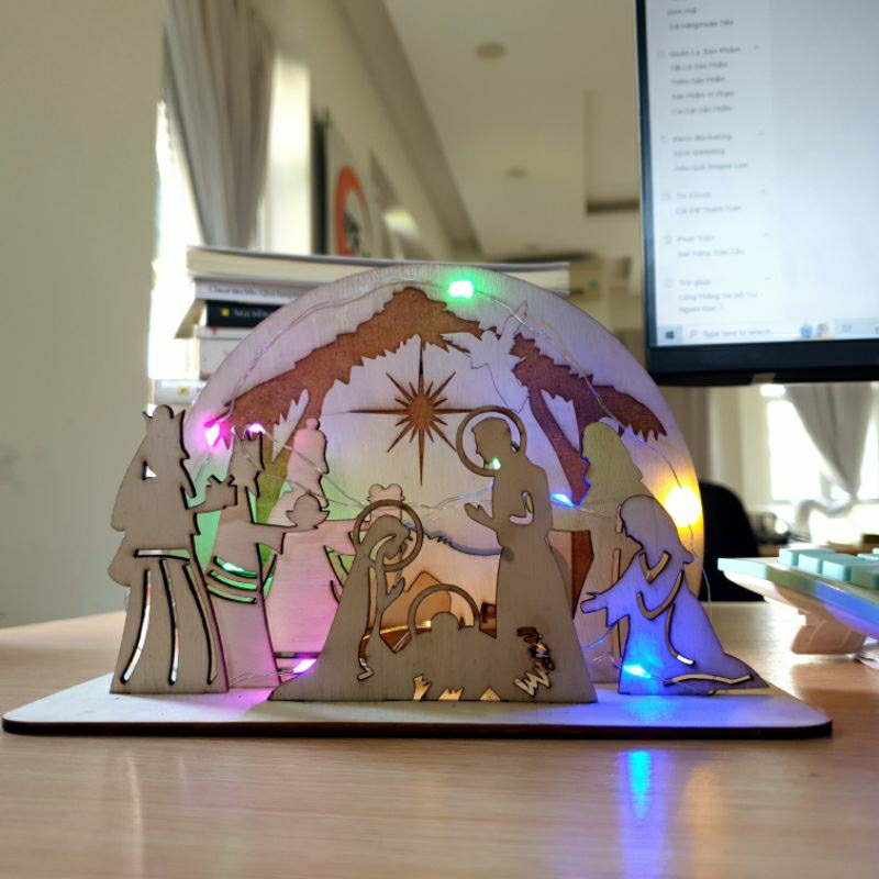 Hang đá Giáng sinh bằng gỗ trang trí Noel bàn làm việc - có thể khắc tên theo yêu cầu