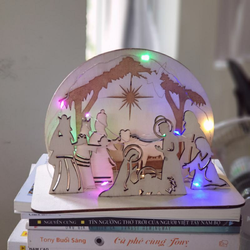 Hang đá Giáng sinh bằng gỗ trang trí Noel bàn làm việc - có thể khắc tên theo yêu cầu