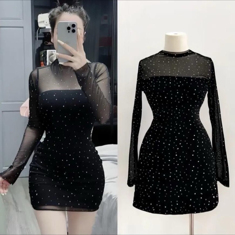 đầm lưới td ôm body midi đính đá có lót trong kiểu mới lyie