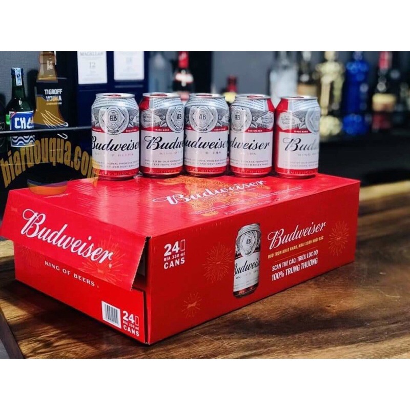 Bia budweiser thùng 24 lon 330ml lon lùn có thẻ cào km