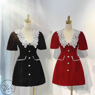 (SHOP 1994 TÁO ĐỎ BIGSIZE )đầm nhung dáng A cổ V phối ren