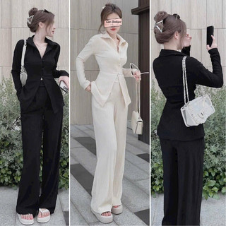 Sét áo kiểu xẻ tà cách tân mix quần ống suông rộng Cun Boutque chất THUN XỐP cao cấp phong cách thanh lịch nữ tính
